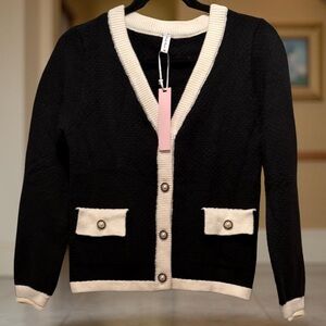 NWT Casly Lamiit Women’s Elegant Contrast Knit Cardigan Sweater Black White XS